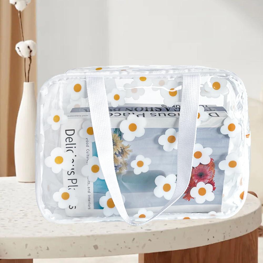 TotePrint TotePrint Clear Daisy Printed Cosmetic Bag and LargeTravel Pouch 11.81\'\'x4.33\'\'x8.27\'\' Size with Handle-Durable PVC Material,Versatile,Zipper Design for Makeup (White Floral#2-L)