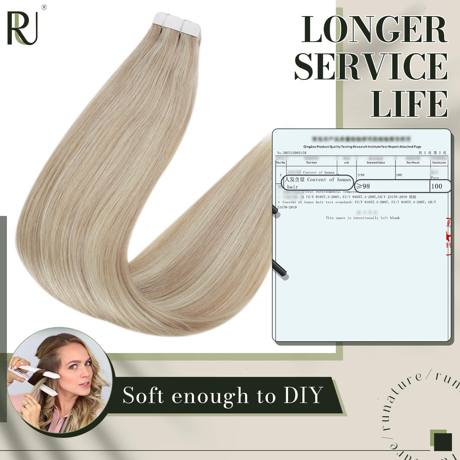 RUNATURE RUNATURE Ash Blonde Highlight Tape in Human Hair Extensions 24Inch Straight Weft Hair Extensions Real Human Hair Platinum Blonde 22 Inch Full Ends