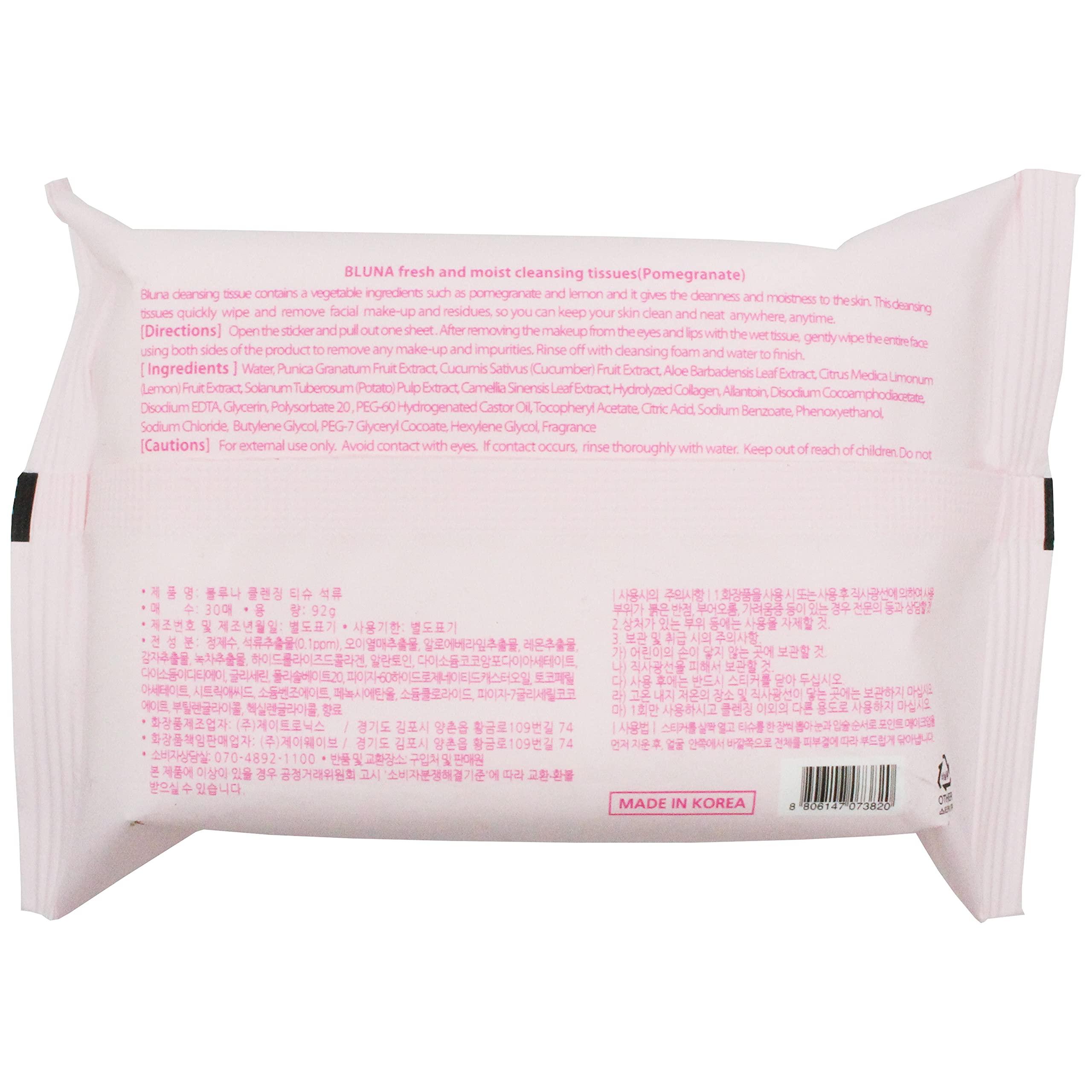 bluna Bluna Facial Make-Up Cleansing Tissue for All Skin Types, Pomegranate, 30ct per pack (2 PACK)