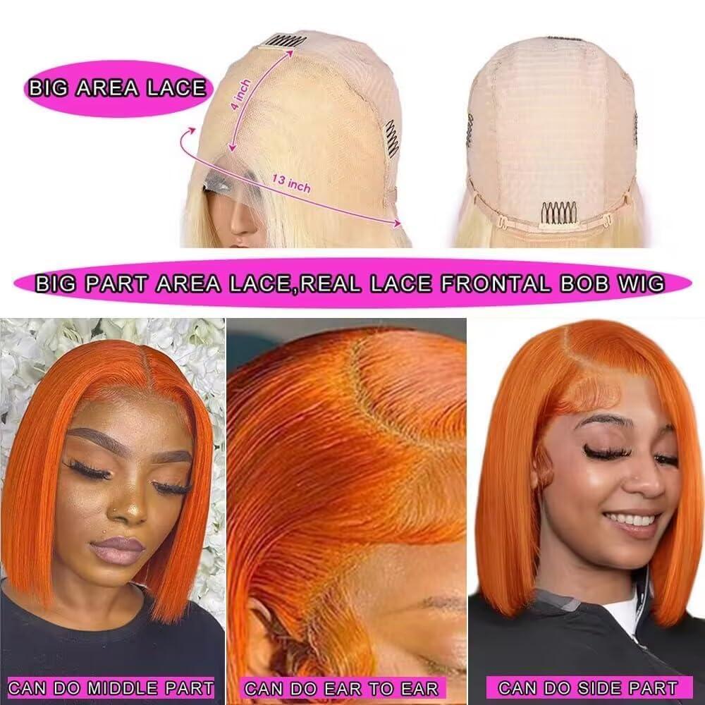 amzhair #350 Ginger Orange Bob Wig Human Hair 13x4 Straight Hd Ginger Bob Lace Front Wigs Human Hair Wear and Go Glueless Wigs Human Hair Pre Plucked Bob HD Lace Frontal Wig Short Bob Wigs For Black Women