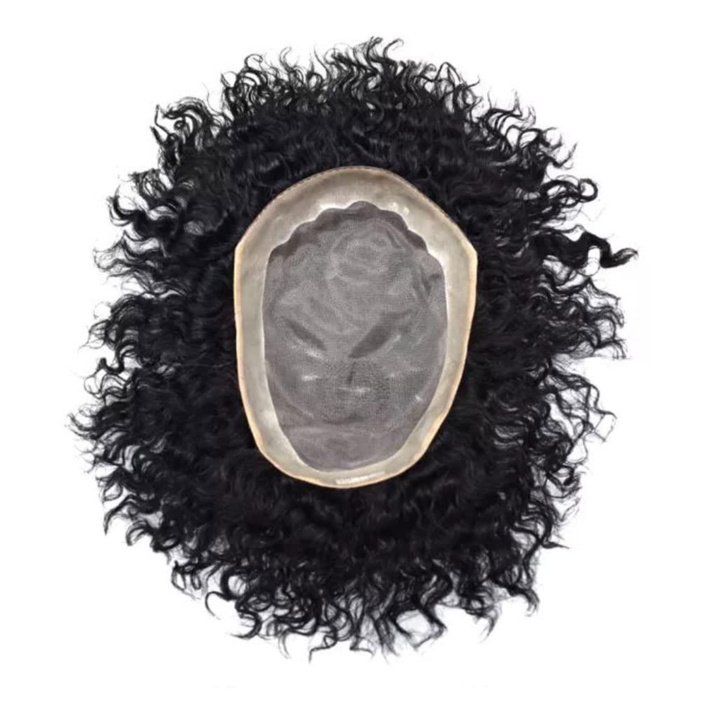 LHC HAIR Man Weave Hair Unit Black Men Afro African American Human Hair Toupee For Black Men Kinky Curly Mens Hair Pieces Durable Injection PU with Breathable Mens Hair Units (8\'\'*11\'\' 6mm-wave, 1# JET BLACK-100% light to medium density)