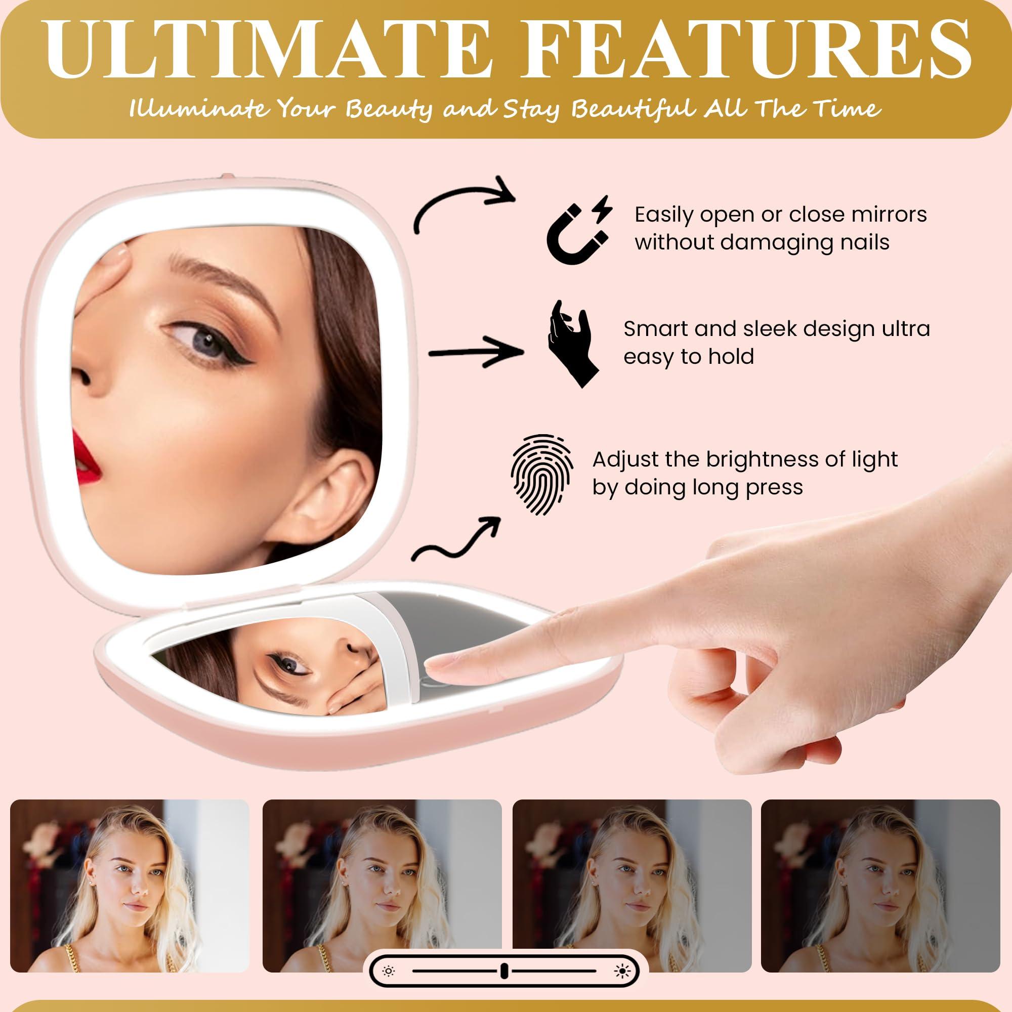 NJ GLAM NJ GLAM Led Compact Mirror, 1X /10X Magnification, 3.9\" X 0.9\" Portable Double Sided Lighted Makeup Mirror, USB Charging, 3 Light Setting and Dimmable, Memory Touch Switch (Pink)