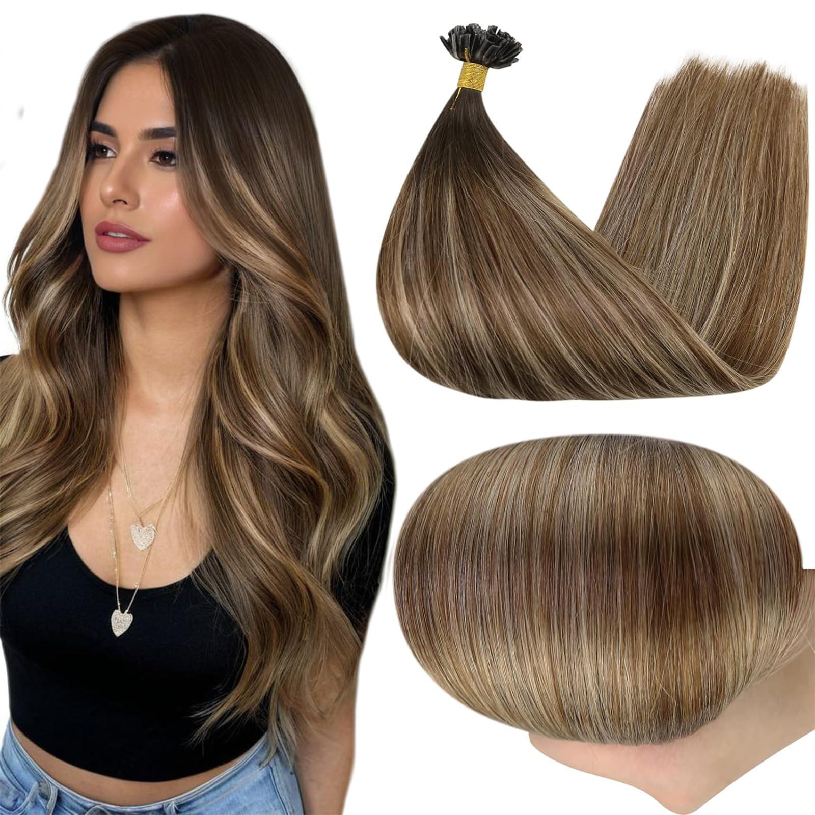 Full Shine Full Shine Utip Hair Extensions Human Hair Ombre Keratin Hair Extensions 14inch Brown Fusion Hair Extensions Balayage Dark Rooted Human Hair Extensions Pre Bonded Hair 40g/50s for Party