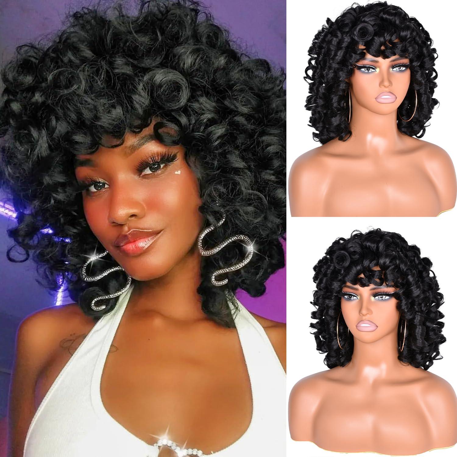 CurlCOO CurlCOO Black Curly Wigs for Black Women Short Curly Wig with Bangs Soft Big Loose Cute Afro Kinky Curly Hair 14 Inch Synthetic Wig for Black Women(Black)