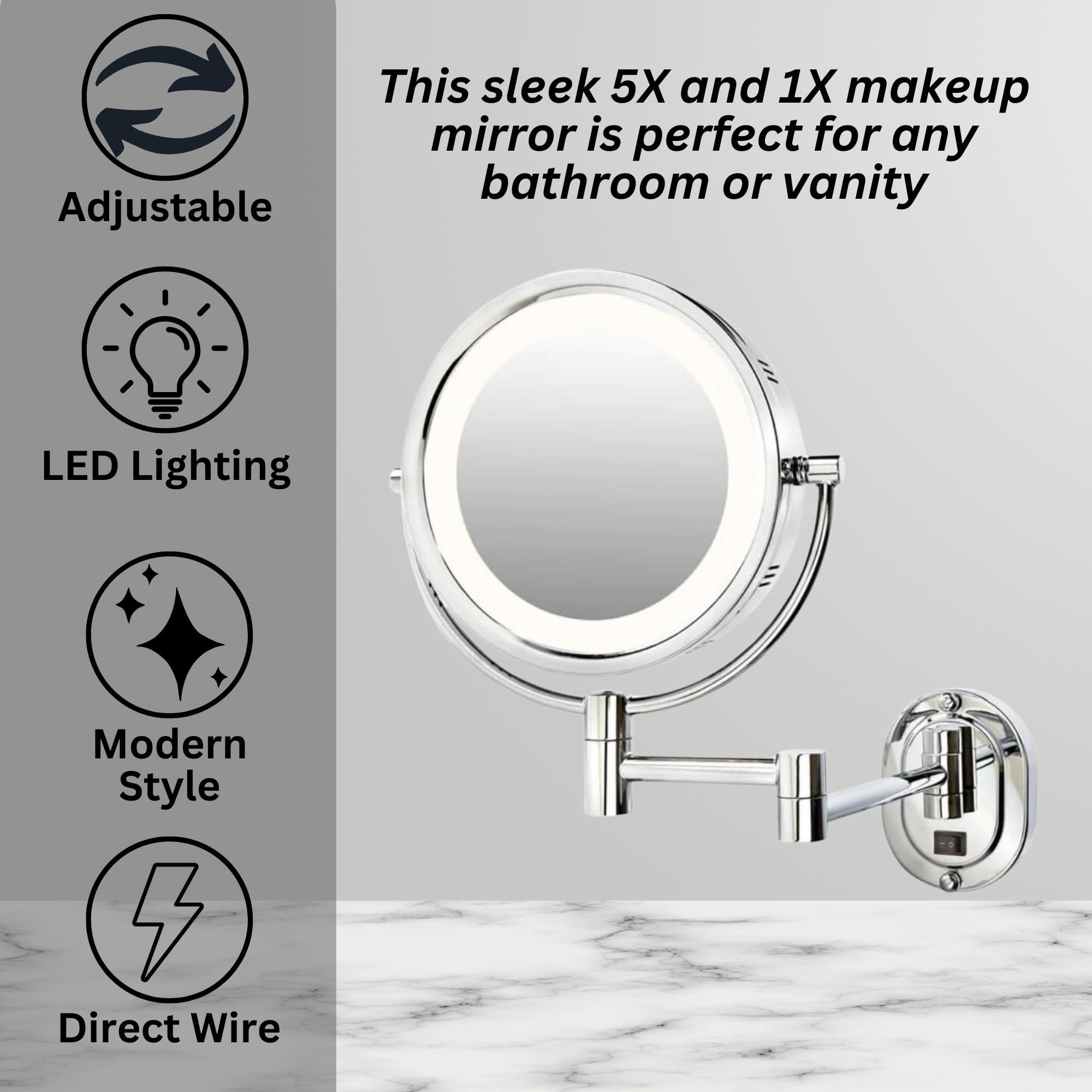Jerdon JERDON Wall-Mounted Chrome Makeup Mirror with LED Lighting  5X-1X Magnification & 14 Extension - Direct Wire - Model HL65CD