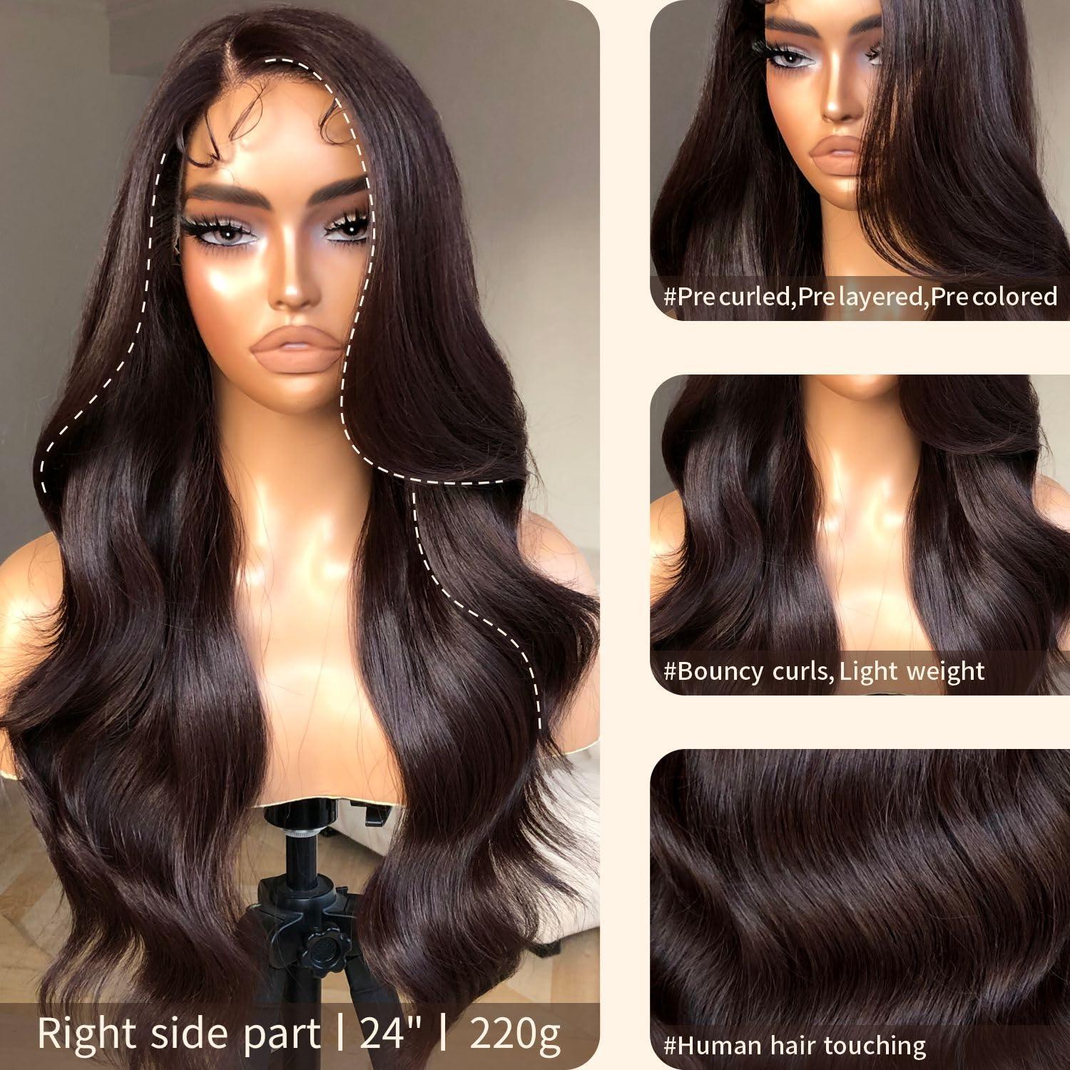 BrownBomb BrownBomb Body Wave Lace Front Wig, Synthetic Lace Front Wig Pre Plucked Glueless Wigs 13X5X1 HD Lace Front Wigs for Women 24inch Side Part Wig (Brown, 24)