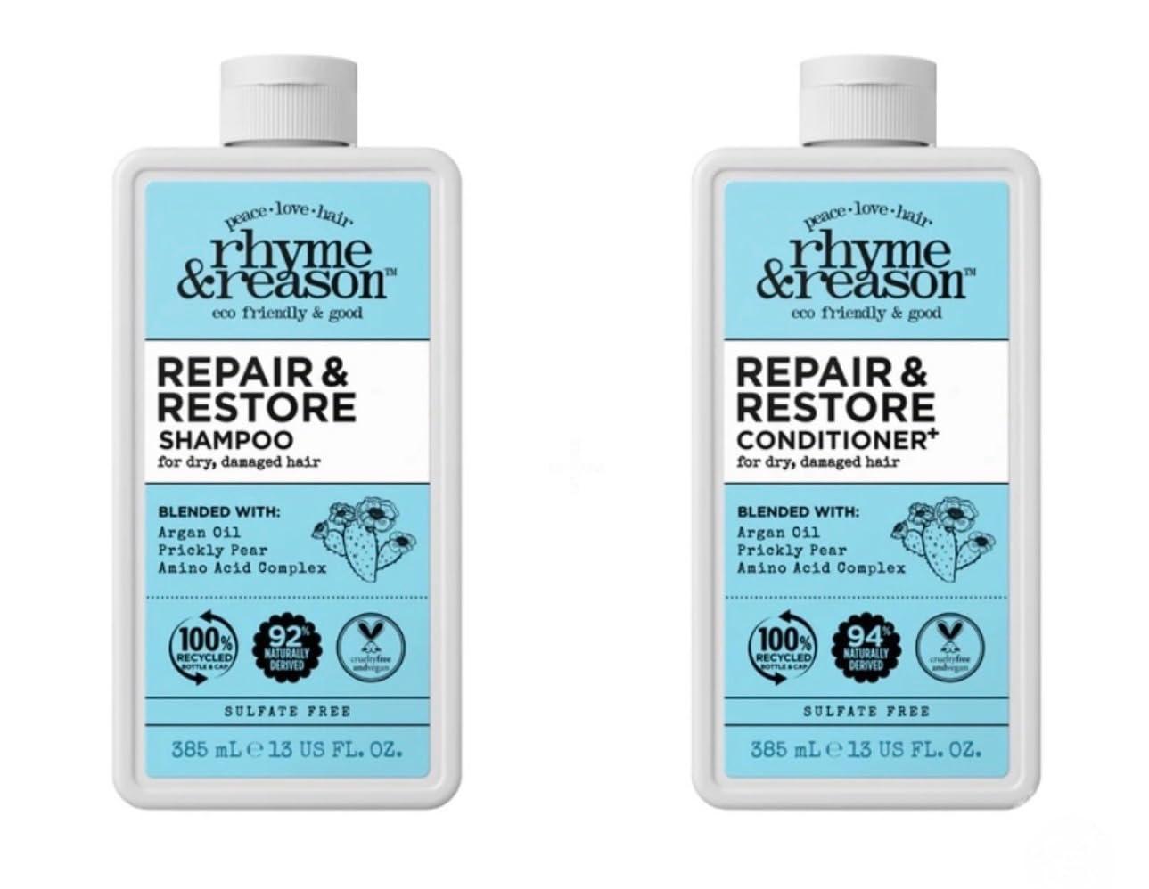 Rhyme & Reason Rhyme & Reason Repair and Restore Shampoo & Conditioner Combo. 13 Fl. Oz. Each bottle. For Dry Damaged Hair. Hydrate Repair. Vegan Cruelty Free., Clear