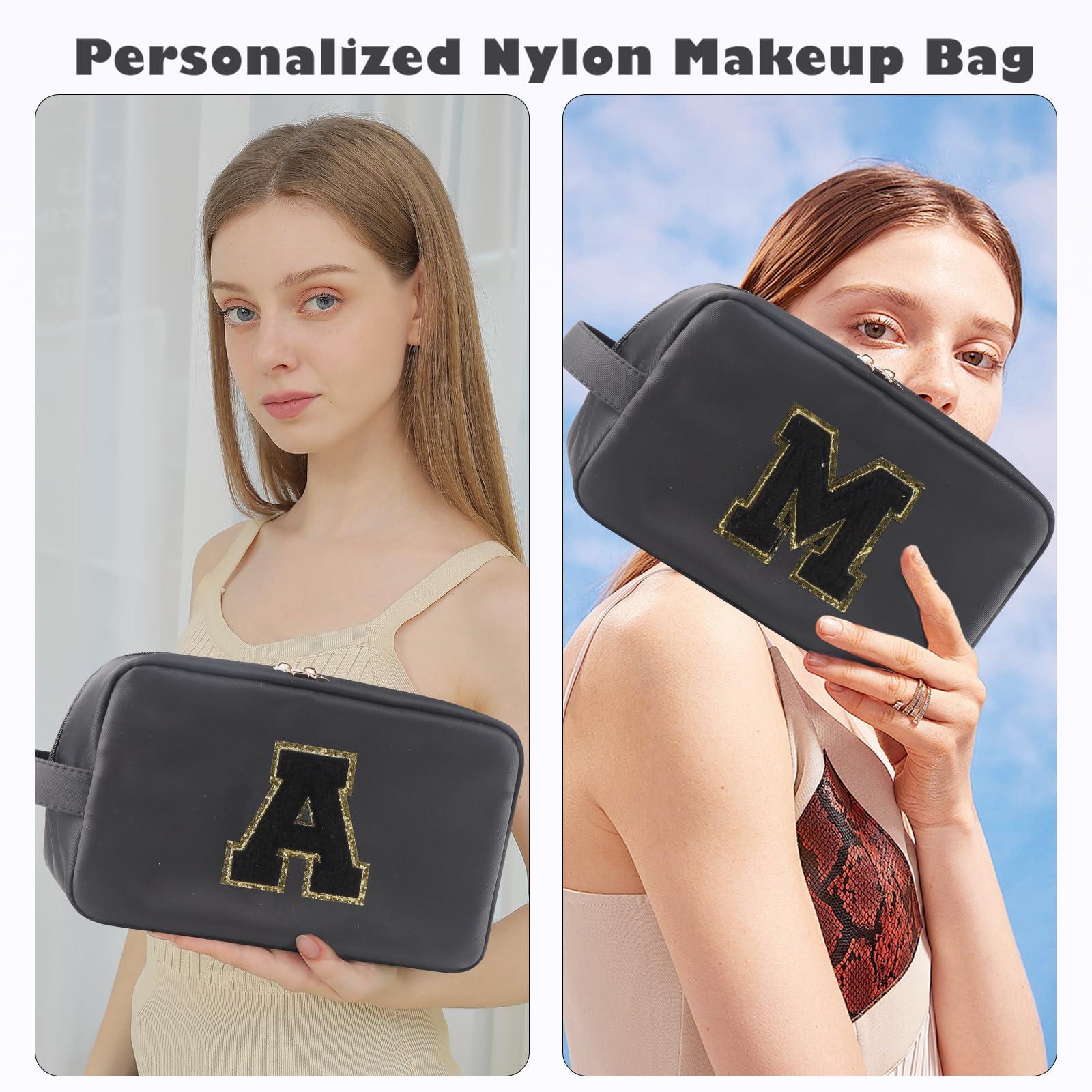 YogoRun YogoRun Initial Makeup Bag for Purse With Glitter Chenille Portable Water-resistant Travel Bags for Toiletries Nylon Cosmetic Bag Pouch for Women (Black-X)