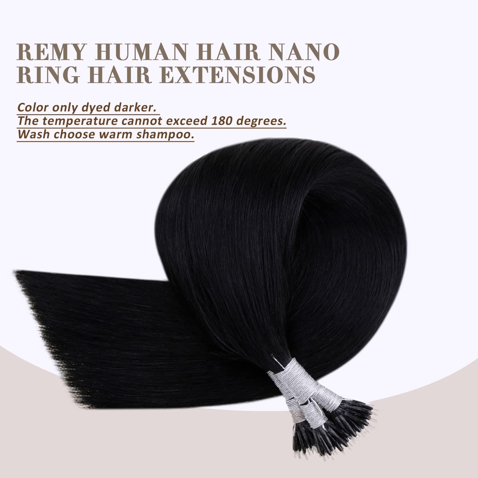 Vivien Vivien 24 Inch Nano Bead Hair Extensions Real Human Hair Jet Black Nano Extensions Human Hair Black Invisible Long Human Hair 50G/50S