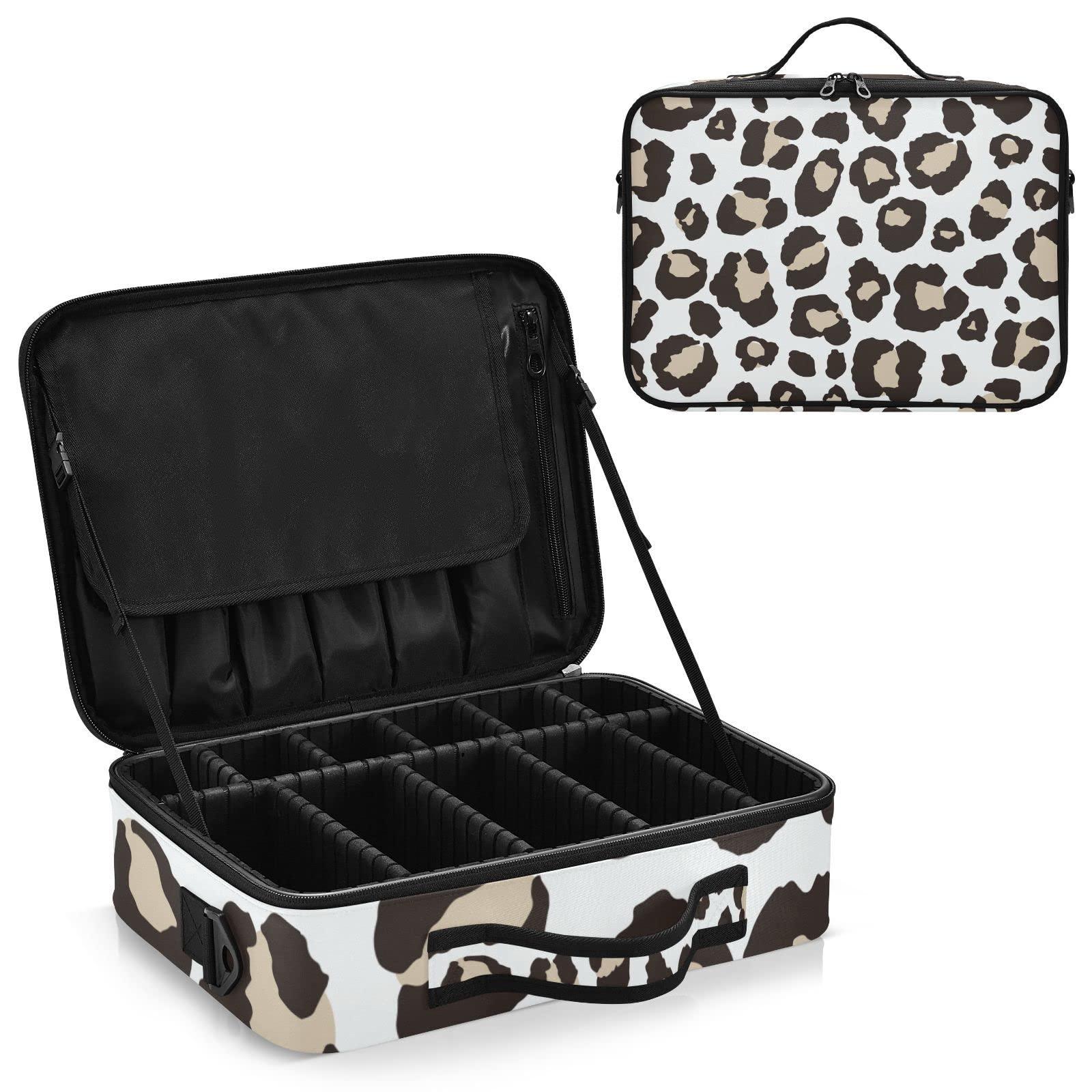 KLL KLL Leopard Print Pattern Large Capacity Cosmetic Case Travel Makeup Train Case with Adjustable Dividers and Shoulder Strap Portable Storage Bag for Toiletry Makeup Brush Jewelry Travel Accessories