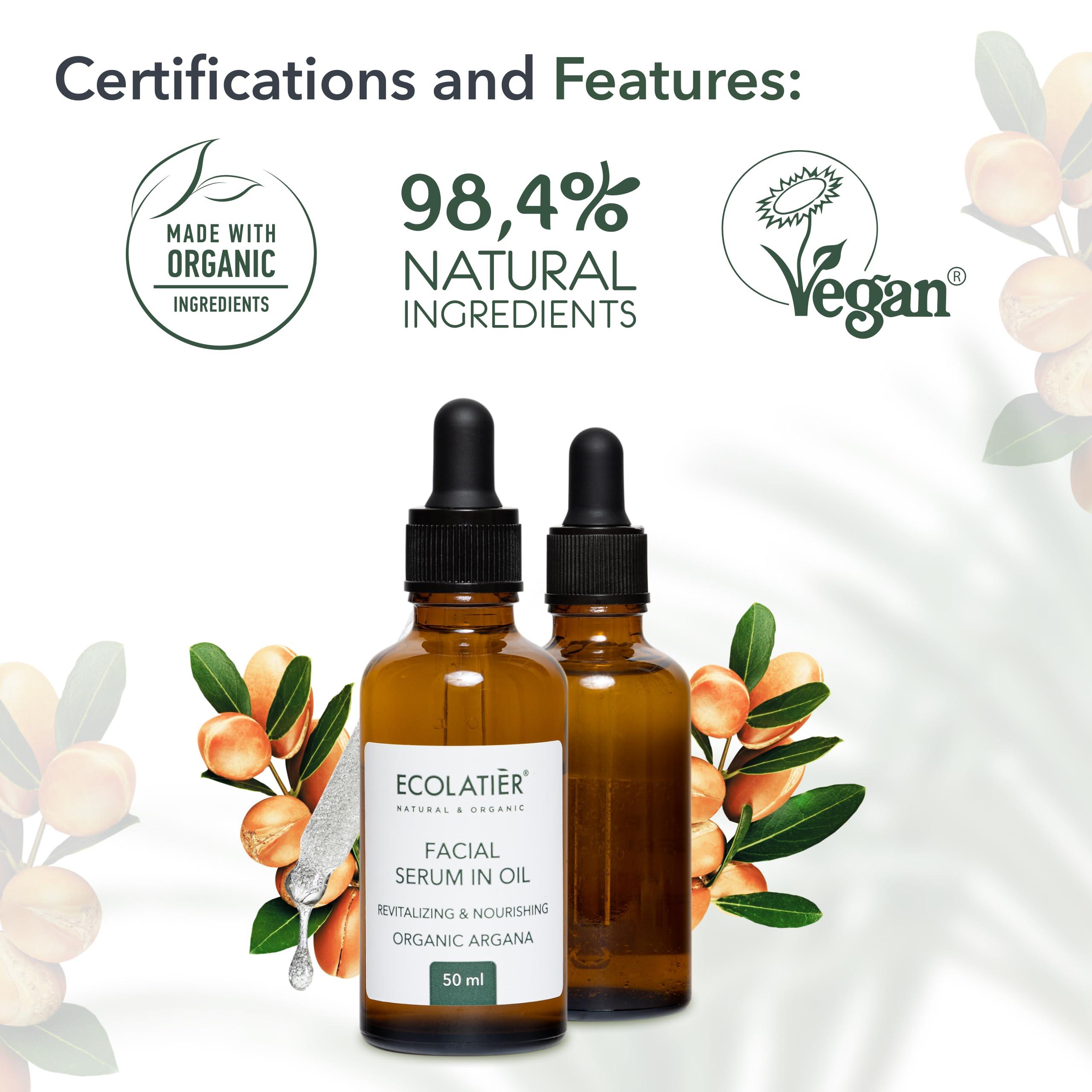 ECOLATIR Face Serum with Organic Argan Oil 98.4% Natural, Hydrating Anti-Aging Facial Serum, Revitalizing & Nourishing, Improves Skin Elasticity, 1.7 Fl Oz - ECOLATIER