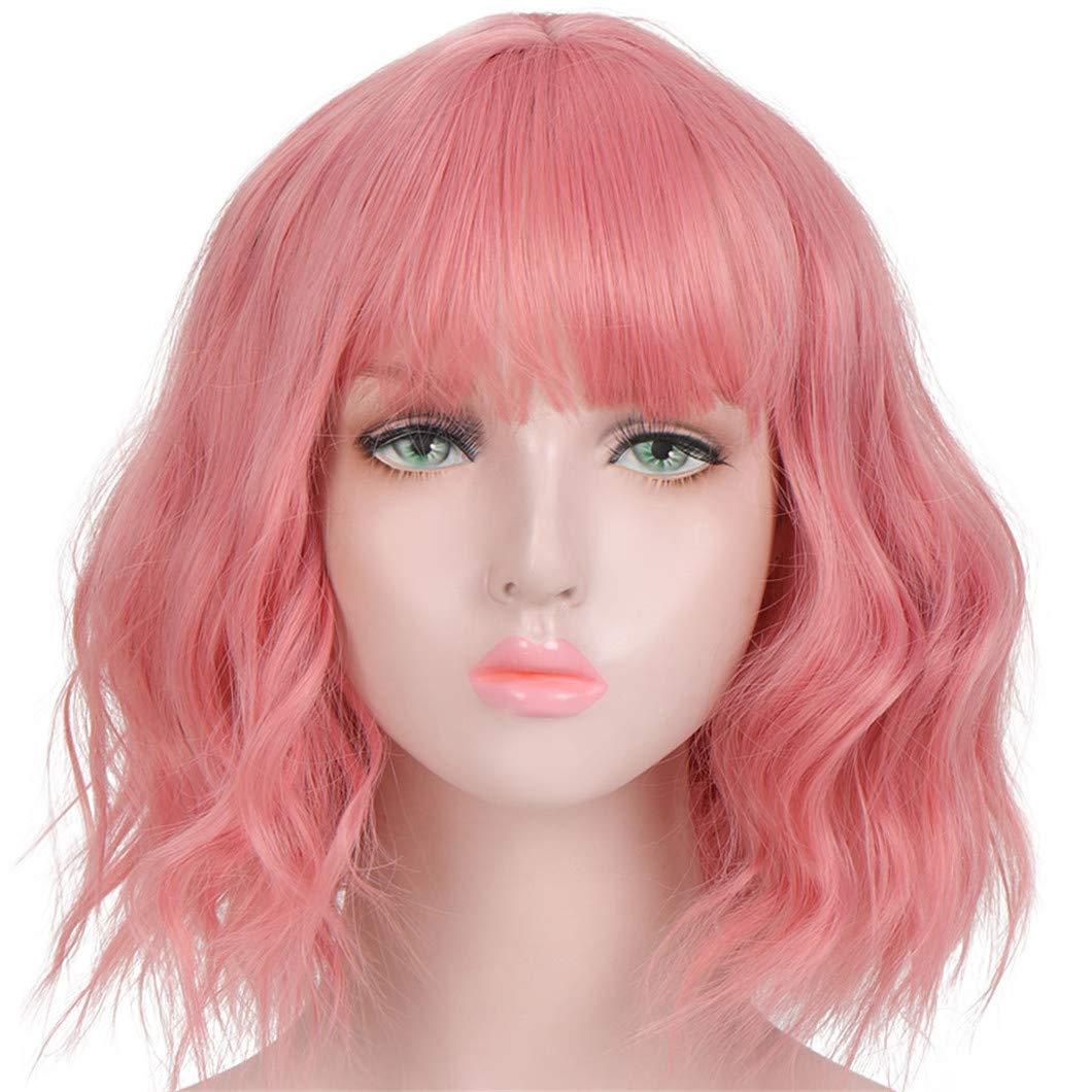 SSJFZM Pink Wig Short Bob Wig With Bangs Cosplay Water Wave Hair Wigs For Women American Style Synthetic Wig 97C Pink 14inches