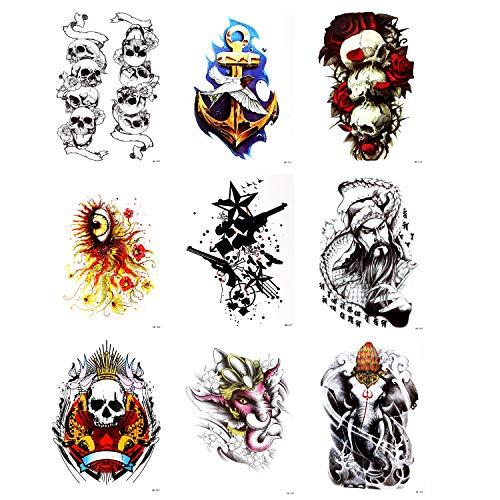 BETTERLINE 9 Large Cool Temporary Tattoos - For Men, Adults and Teens - Skull, Elephant, Eyes and More Body Art - Tattoos for Arms Legs Shoulders or Back