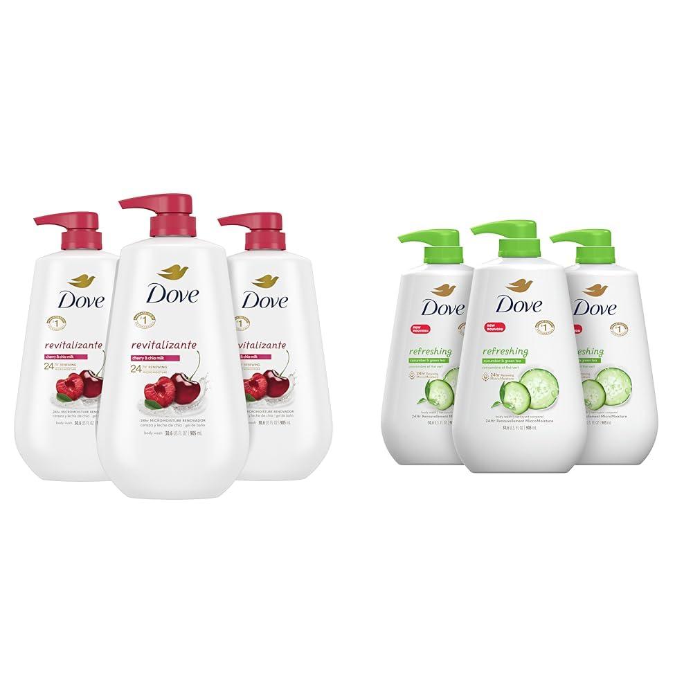 Dove Dove Body Wash with Pump,Revitalizante Cherry & Chia Milk, 3 Count & Body Wash with Pump Refreshing Cucumber and Green Tea Refreshes Skin Cleanser