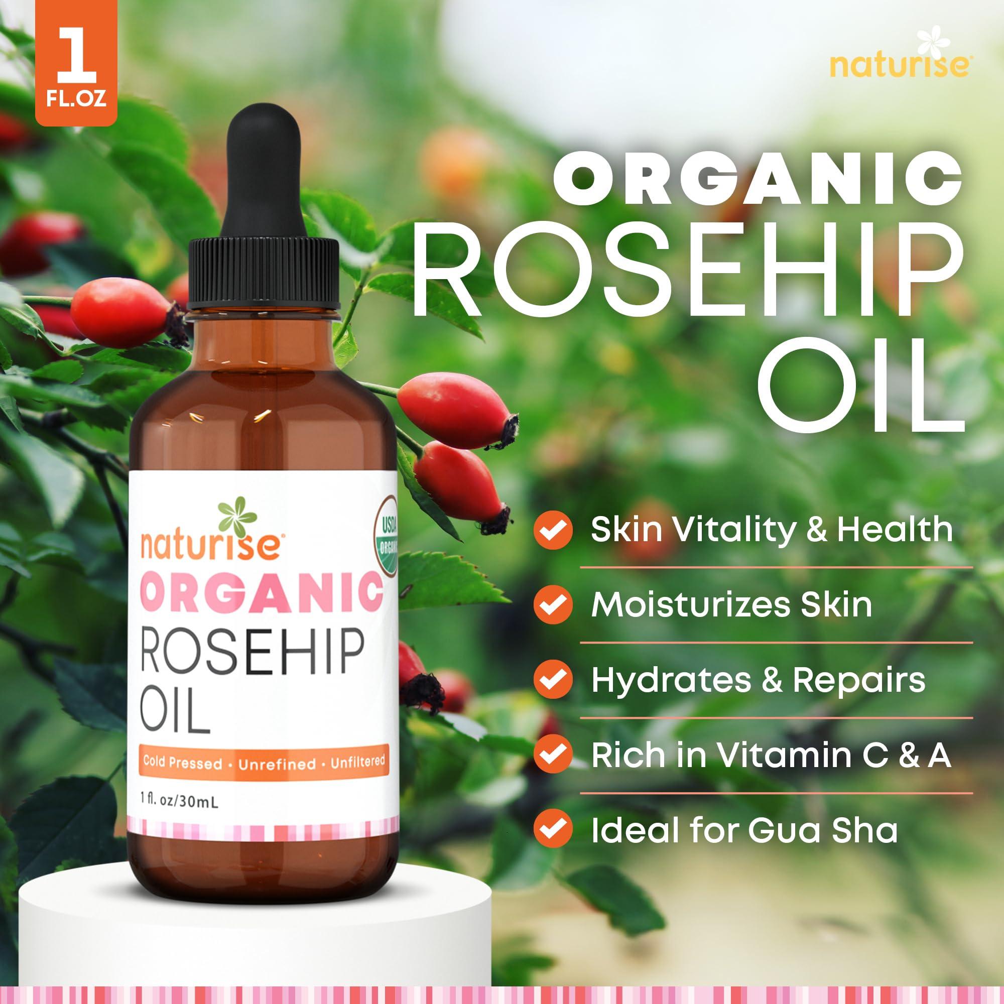 Naturise Naturise Organic Rosehip Seed Oil for Face, 100% Pure, Natural Cold Pressed Rose Hip Oil for Skin, Hair, Nails and Body Care (1 FL. OZ.)