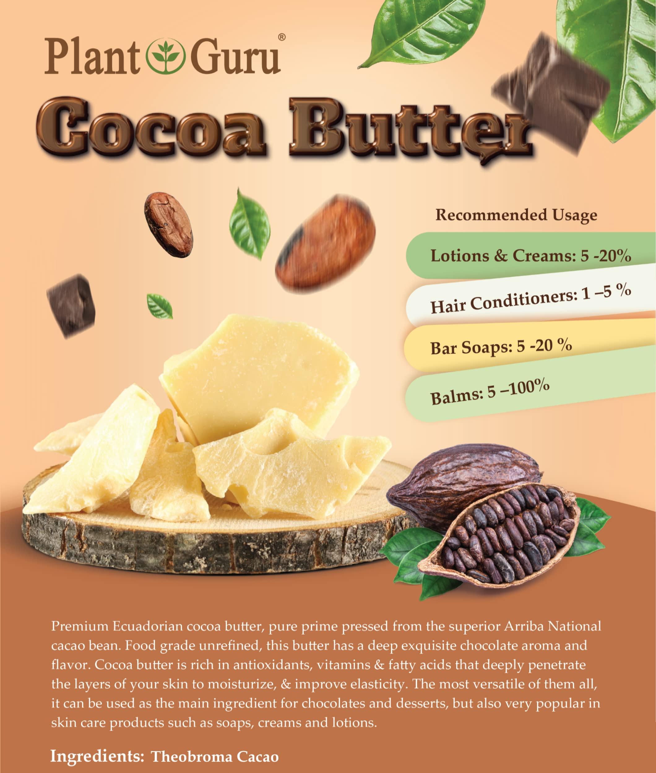 Plant Guru Raw Cocoa Butter 1 lb. Bar - 100% Pure Natural Unrefined FOOD GRADE Arriba Nacional Cacao Bean, Great For Chocolate Making, Soap, Lip Balm and Moisturizer For DIY Body Butters