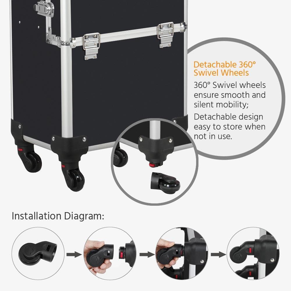 Yaheetech Yaheetech Rolling Makeup Train Case 3 in 1 Cosmetic Makeup Case Large Aluminum Trolley Makeup Travel Case Professional Rolling Cosmetic Beauty Storage, with 360 Swivel Wheels, Black