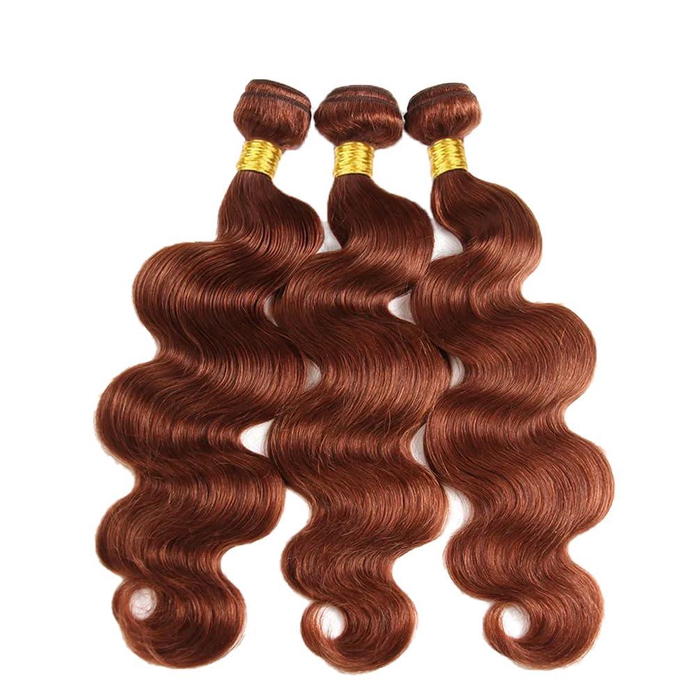 AuokMar Brown Bundles Color #33 Copper Red Body Wave Human Hair 3 Bundles 12 12 12 Inch Reddish Brown Human Hair Bundles Brown Copper Red Body Wave Bundles Remy Hair Extensions