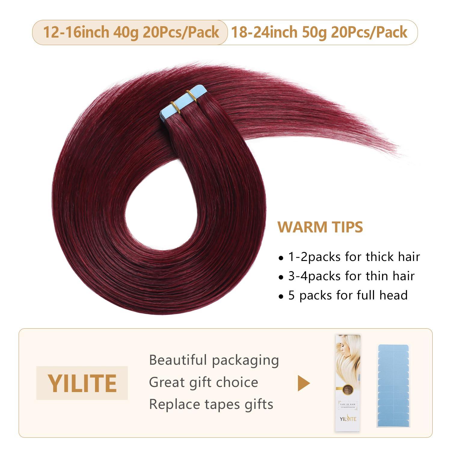 YILITE YILITE Burgundy Tape in Hair Extensions Human Hair,24inch 50g 20Pcs Red Tape in Hair Extensions Remy Human Hair,Seamless Skin Weft 99J Tape ins(24inch 99J)