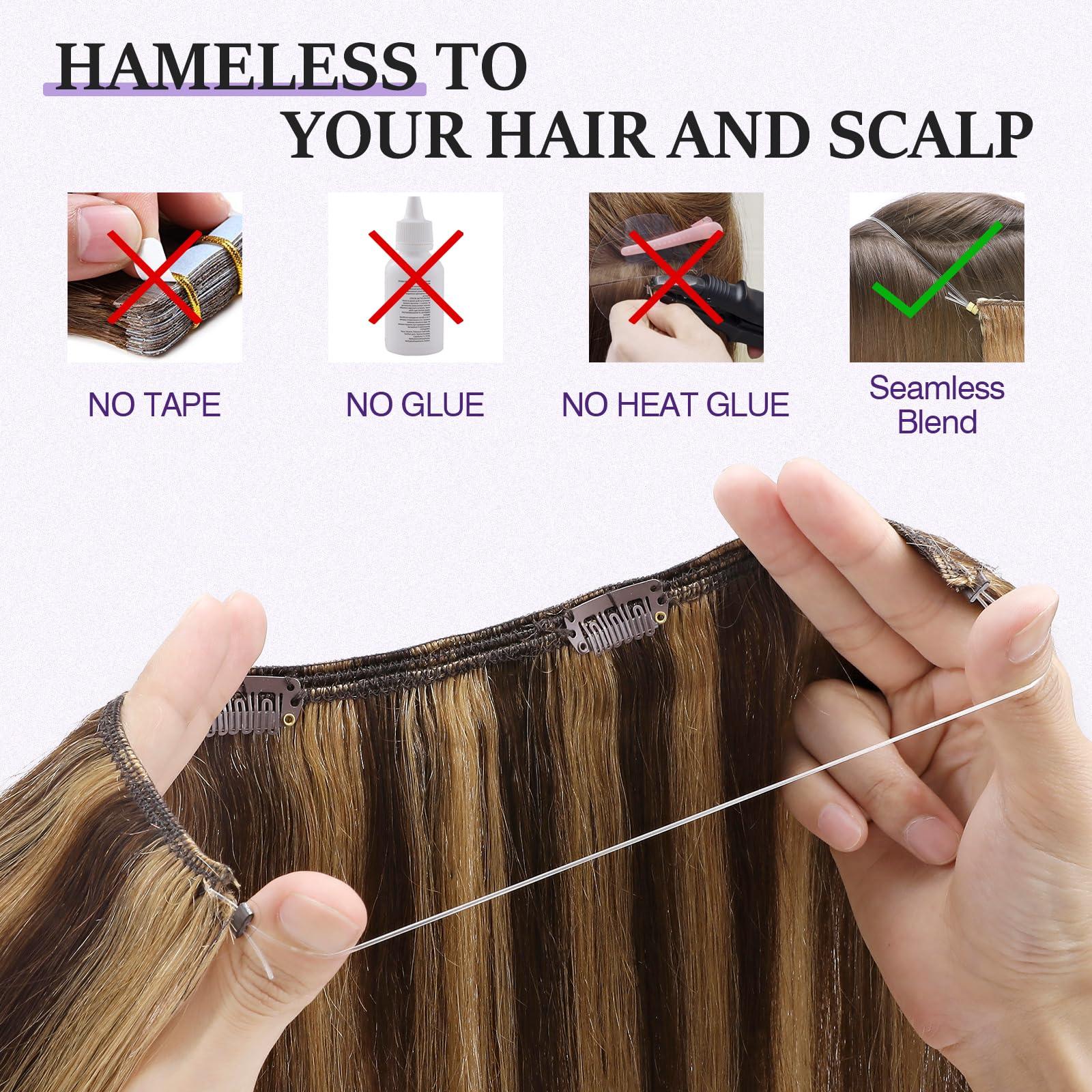 prokyvity Halo Hair Extensions Real Human Hair,Prokyvity 100% Human Hair Halo Extension,Halo Extensions Real Human Hair,Halo Hair Extension,Halo Hair 4P27 Medium Brown Mixed Dark Blonde 16inch