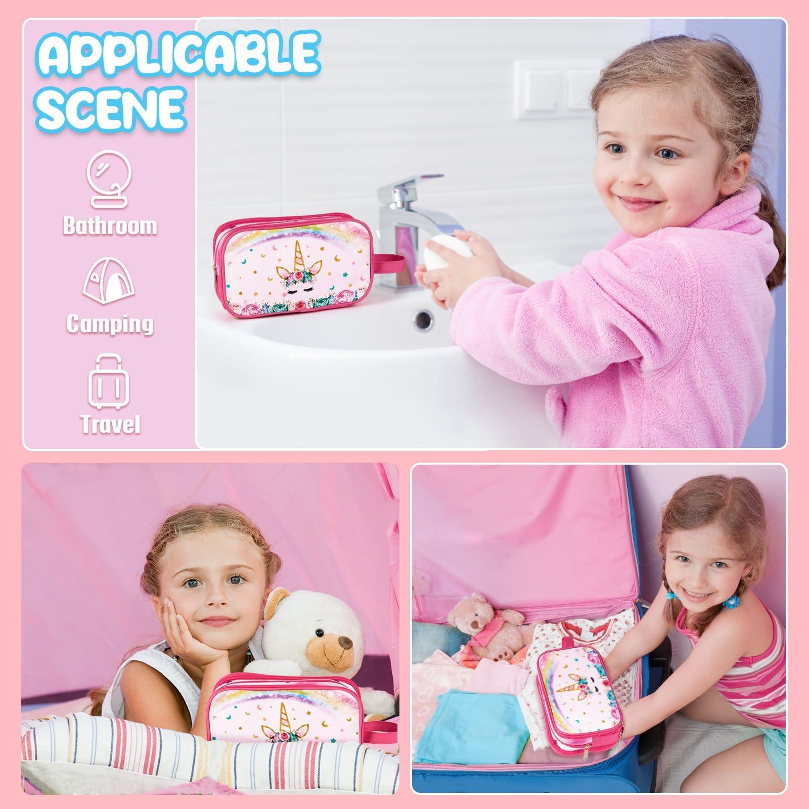WAWSAM WAWSAM Rainbow Pink Toiletry Bag - Travel Toiletry Bag for Kids Girls Christmas Birthday Gift Camping Toiletry Case Toiletries Makeup Cosmetic Pouch Pink Water-resistant Wash Bag Dopp Kit with Pocket