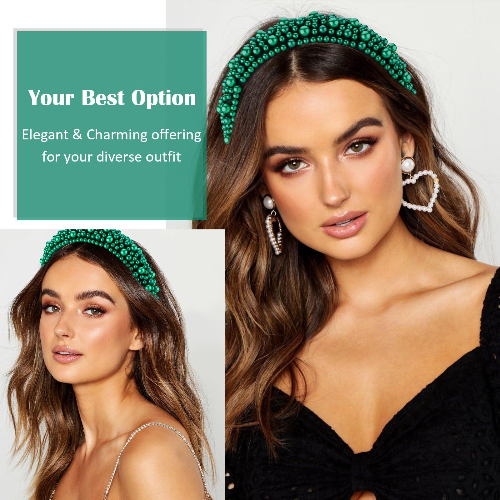 Hapdoo Hapdoo Dark Green Pearl Headbands for Women, Wide Padded Hair Hoop with Faux Pearl for Bridal, Bling Wedding Hairbands Hair Accessories for Women Girls