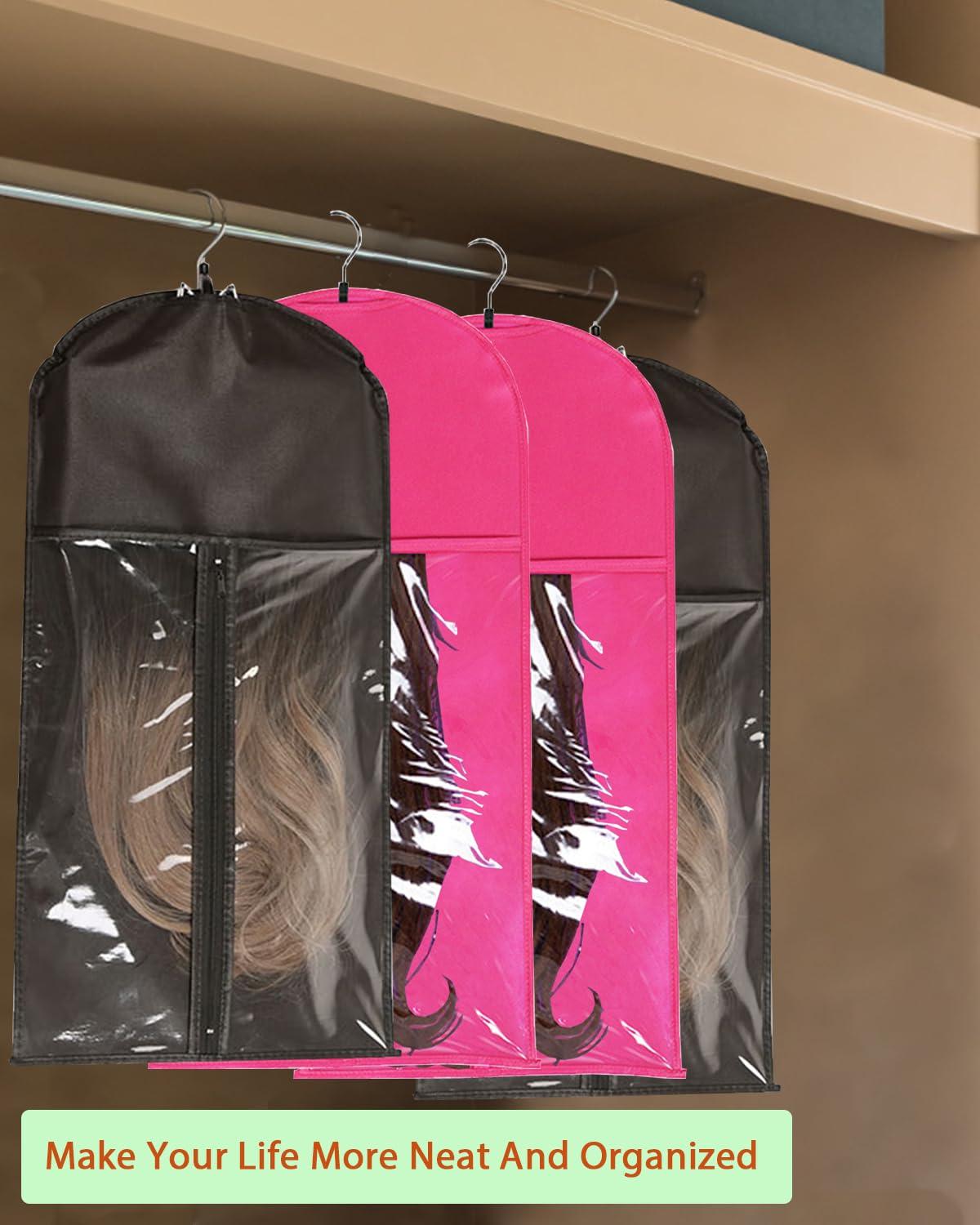 Whtawtaw 3 Pcs Hair Wig Extension Storage Bag, Hair Extensions Holder with Hanger, 11.4 * 23.6 inches, Portable Wig Bags Storage with Transparent Zipper Closure (Rose)