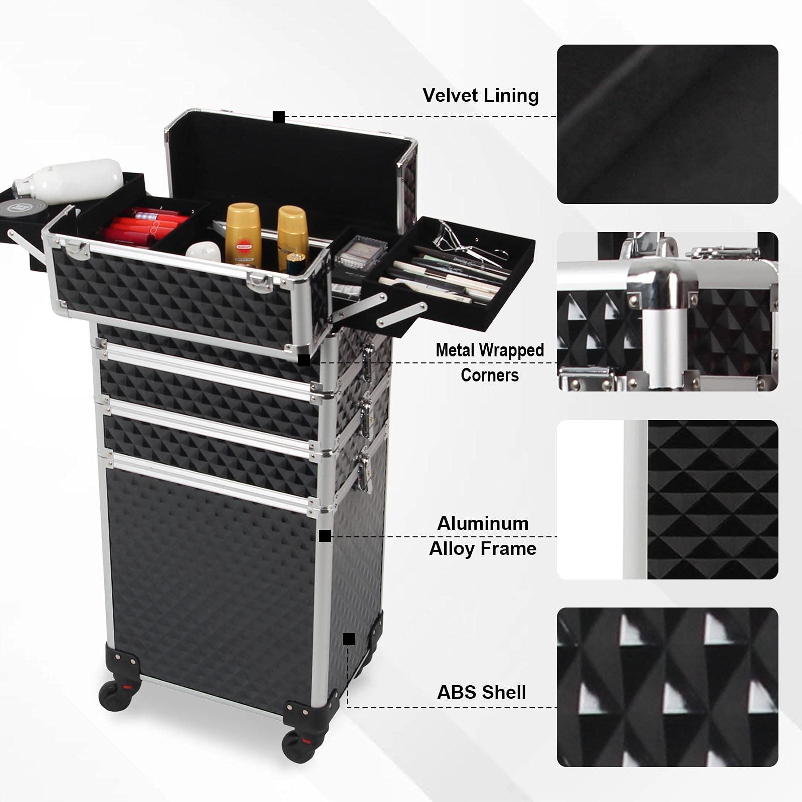 Ochine 4 in 1 Makeup Case Aluminum Cosmetic Case Rolling Train Case Professional Makeup Train Case Large Capacity Trolley Makeup Travel Case Beauty Storage with Folding Trays and Large Compartments