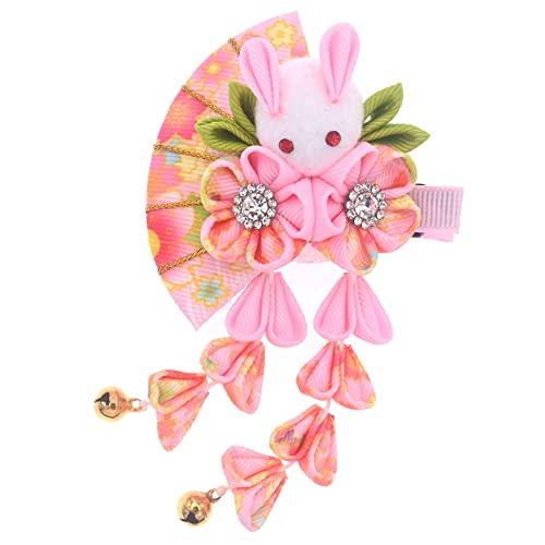 MIAO WU Japanese Hair Clips Kimono Flower HairPin, Women Girls Kimono Hanfu Rabbit Hair Accessories Kanzashi Flower Hair Tie Band Clip Gift (Pink)