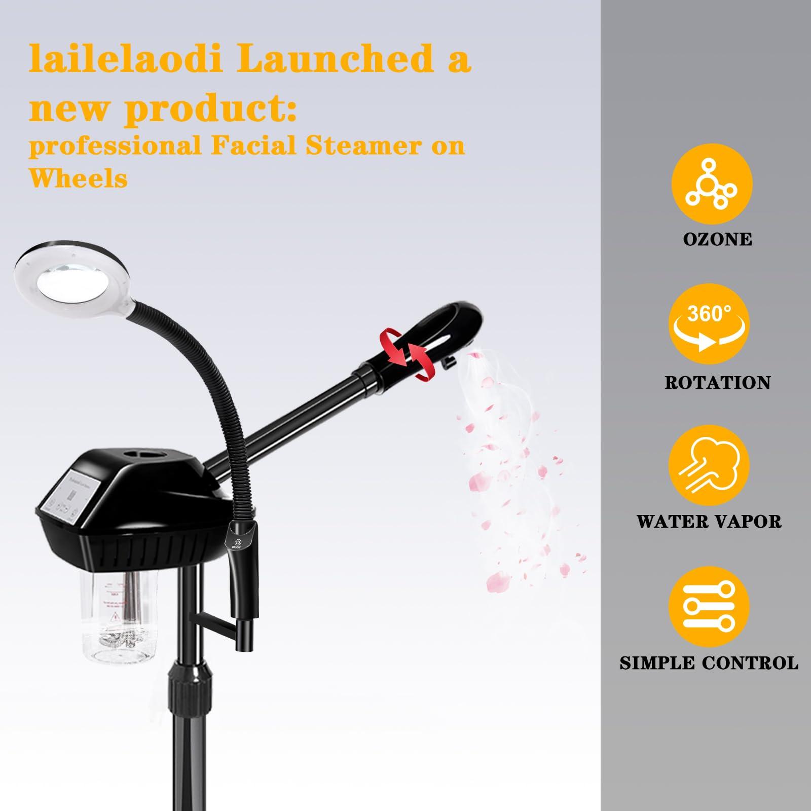lailelaodi Facial Steamer Professional, 2 in 1 Ozone Facial Steamer on Wheels, with 5X Magnifying Lamp, Facial Steamer with Time Setting, Stand Facial Steamer Adjustable Height for Spa, Salon and at Home use