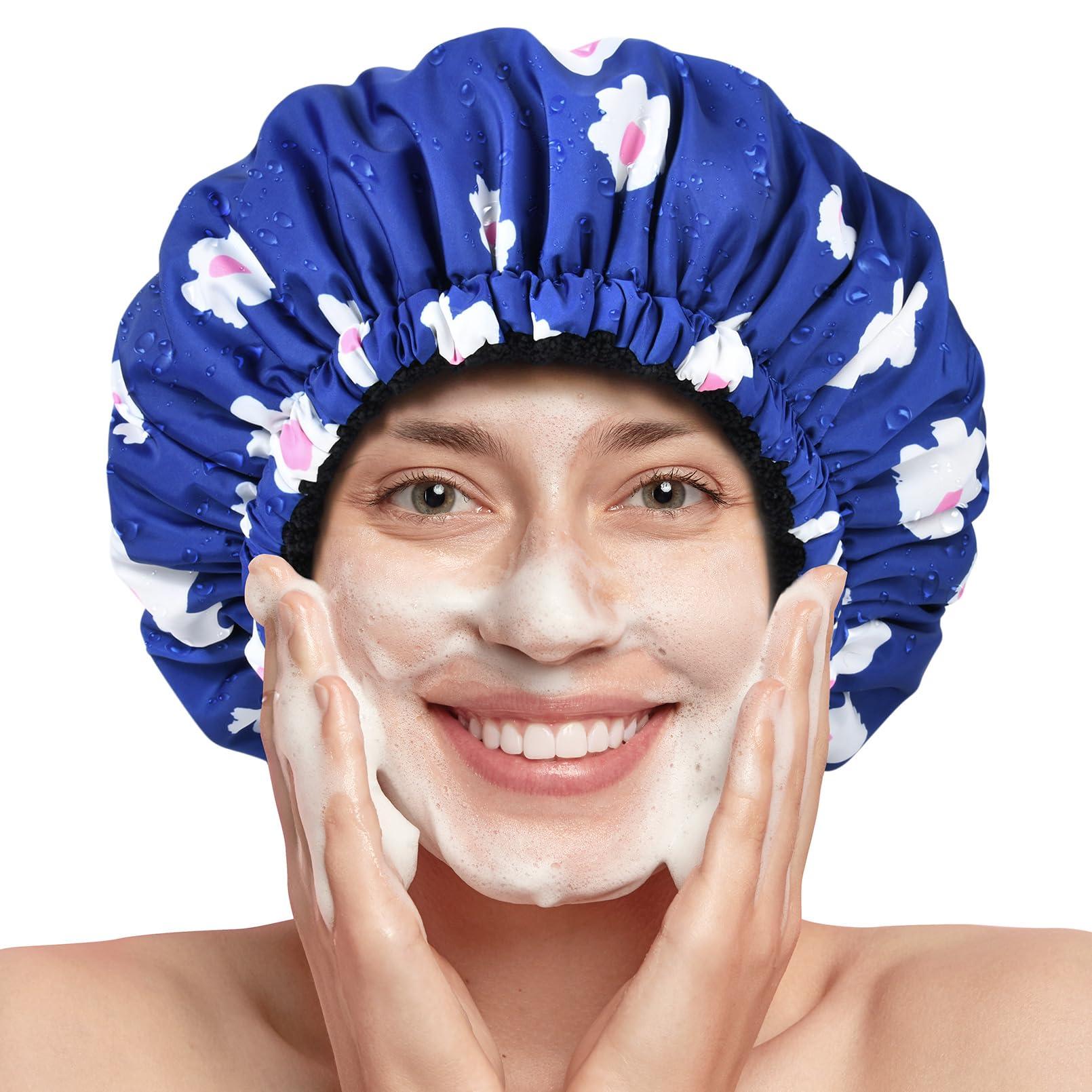 Aileam Shower Cap for Women Terry Lined Bath Cap Large Reusable Waterproof Elastic Band Blue Shower Caps for Long Thick Hair Soft Bath Shower Hair Caps