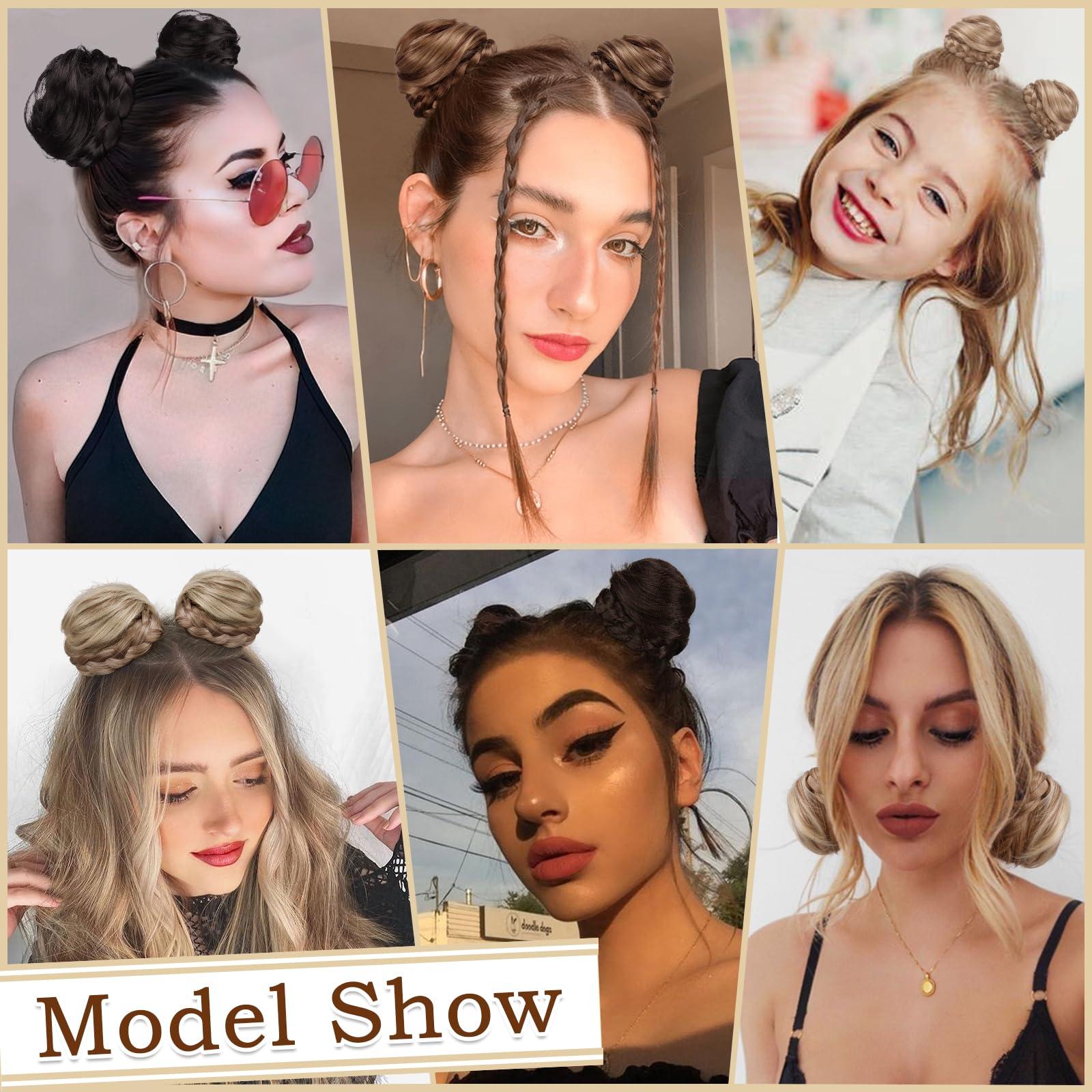 SOFEIYAN SOFEIYAN 2PCS Mini Claw Clip in Hair Bun Braid Messy Cat Ears Hair Bun Extension Synthetic Donut Wig Accessory Updo Space Bun Braid Hair Pieces for Women Girls, Brown & Blonde