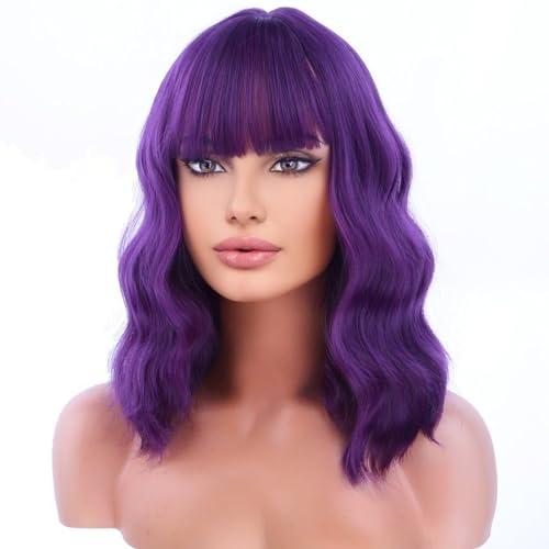 BERON BERON 14 Inches Purple Wig for Women Girls Short Curly Wig Dark Purple Wig Synthetic Wig Purple Wig with Bangs Wig Cap Include