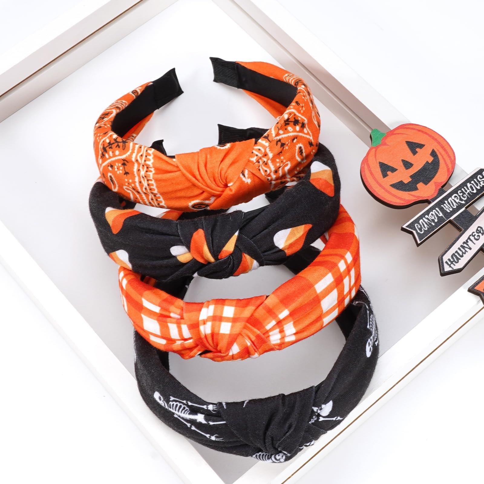 Bookay Halloween Headbands for Women Girls Skeleton Skull Candy Wide Knot Heabdand Fall Orange Bandana Plaid Hairbands Hair Accessories Halloween Party Outfit Gifts