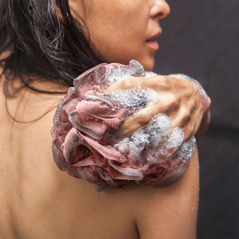 toem Toem Loofah Back Scrubber for Shower | Bamboo Charcoal Fiber Infused | Loufas for Men & Women | Includes 1 Long Handled Shower Sponge, 1 Bath & Shower Luffa Pouf & 1 Hook to Hang Stuff (Rose Pink)