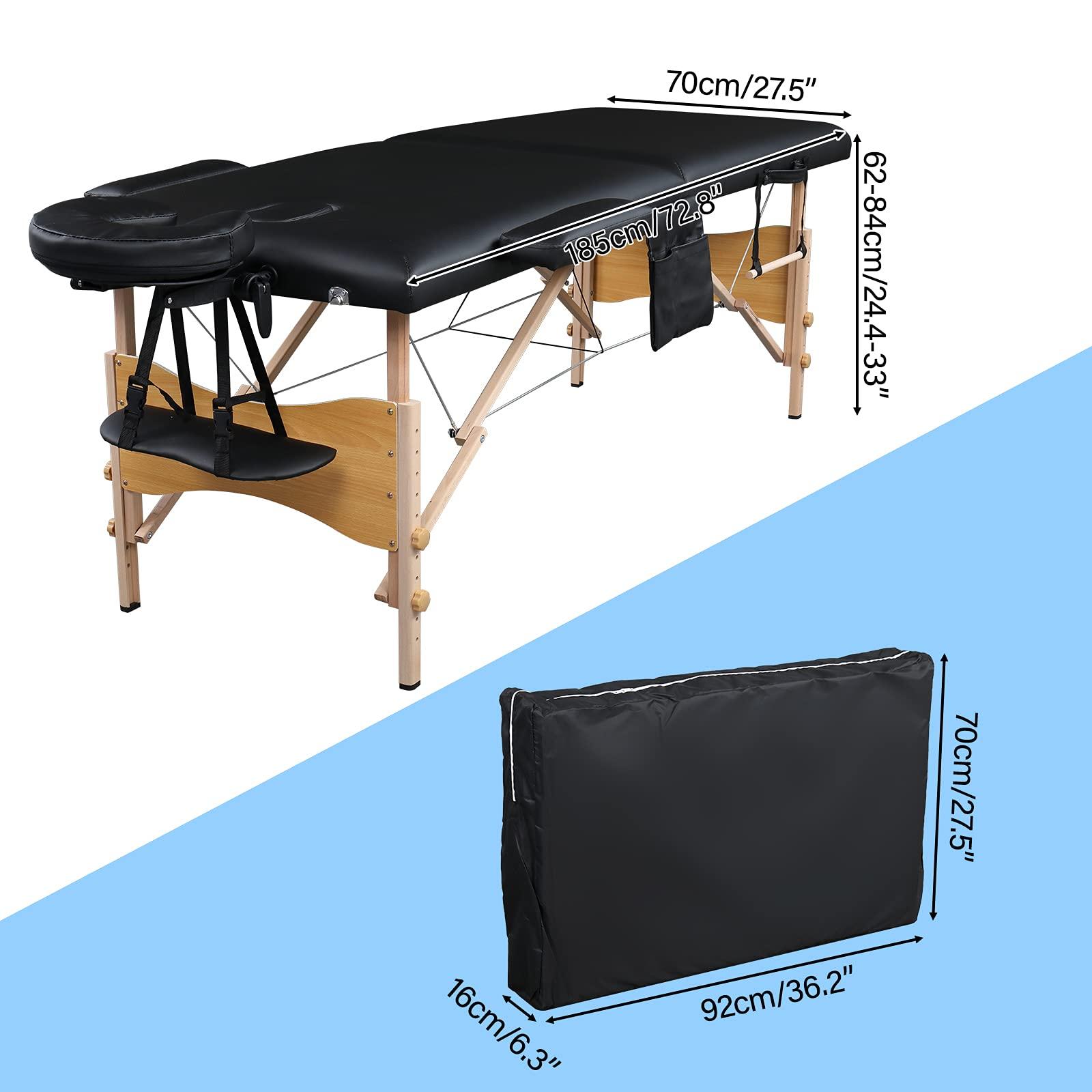 Alivinghome 2 Sections Folding Portable Massage Table Set,Height Adjustable Body and Beauty Massage Bed,Spa Facial Salon Tattoo Bed,Folding SPA Bodybuilding Massage Table (Black Color, 84" x 27.56" x 33.46")