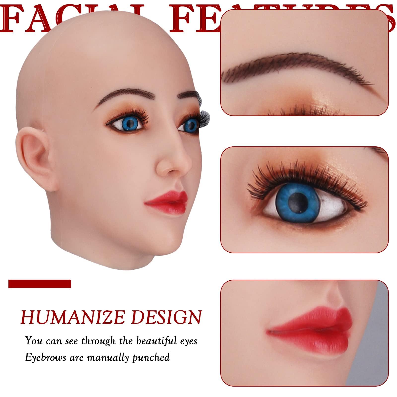 XSWL XSWL Full Silicone Female Head Mask Hand-Made Face with Makeup/Without Makeup for Halloween Costumes Drag Queen Disguise,Color 2,with Makeup