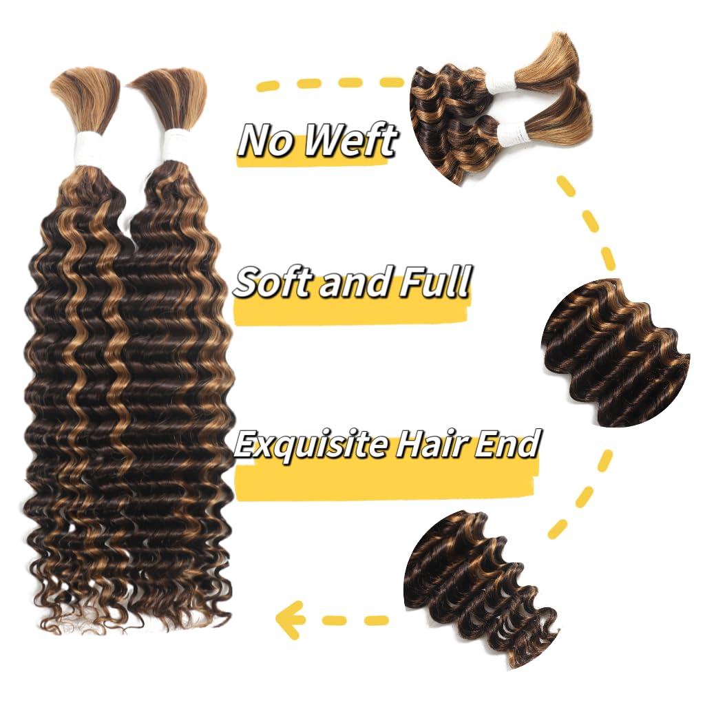 NIFTICSTAR Deep Wave Bulk P4/30 Human Braiding Hair 100 percent Human Hair Unprocessed Brazilian Virgin Hair for Human Hair Extensions 2 Braids Per of 1 pack 100g 28 Inch Human Hair for Micro braiding No Weft