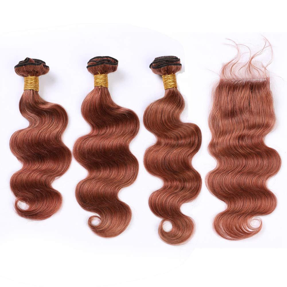 Tony beauty hair Tony Beauty Hair #33 Dark Auburn Body Wave Hair Bundles with Closure Copper Red Brazilian Wavy Human Hair Weaves with Closure Reddish Brown Lace Closure 4x4 with 3 Bundles (14 16 18+14)