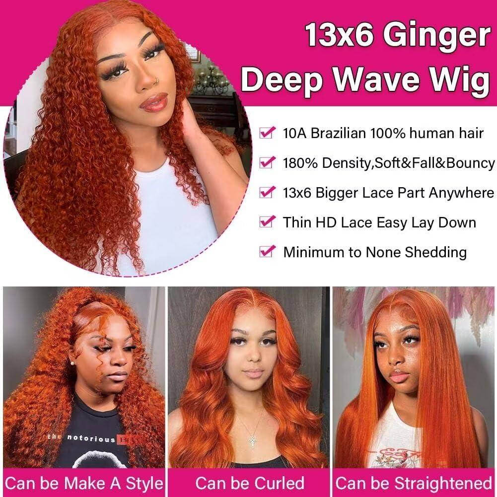VELOMA VELOMA Ginger Wig Lace Front Human Hair 13x6 Deep Wave Human Hair Wig Ginger Transparent Lace Wigs Human Hair Pre Plucked 180 Density Ginger Curly Wig Human Hair Pre Plucked Deep Wave Wig 24 Inch
