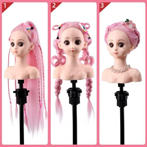 Anstar Anstar Hair Styling Doll Head for Girls Styling Head for Kids Mannequin Head with Pink Hair Doll Head for Hair Styling Braiding Cosmetology Manikin Head with Clamp Holder and Tools