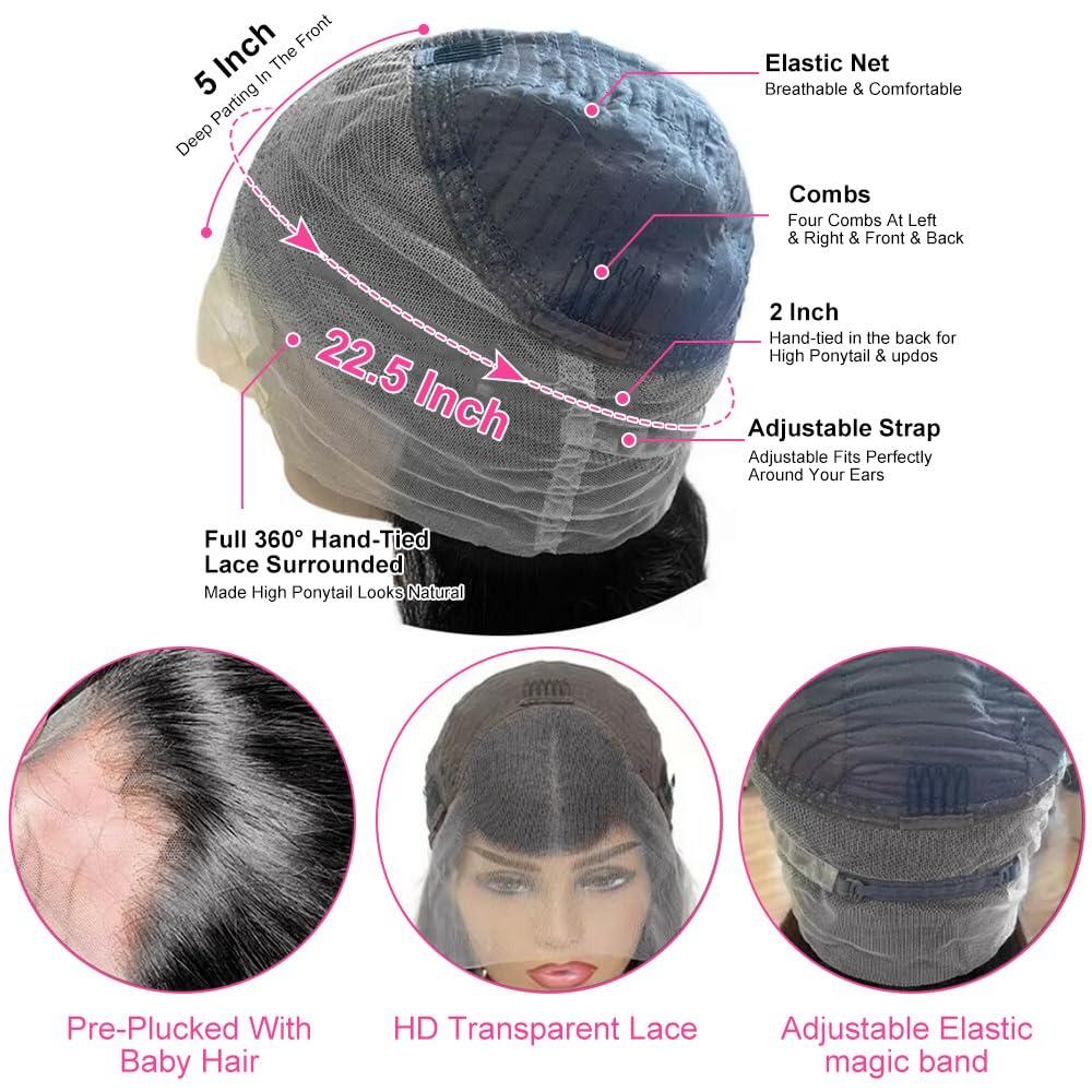 Grace Queen Grace Queen Lace Front Wigs Human Hair 360 Wig Pre Plucked Body Wave HD Transparent Lace Frontal Wigs Human Hair for Women Swiss Lace Wig Virgin Hair Full and Thick 26inch