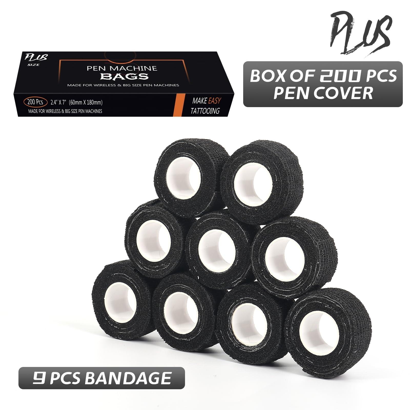 EZTAT2 EZ Tattoo Machine Covers with Grip Tapes - 9PCS (1inch x 5 Yard) Tattoo Grip Wrap with 200pcs (2.4 inch X 7 inch) Disposable Tattoo Pen Machine Covers Tattoo Supplies