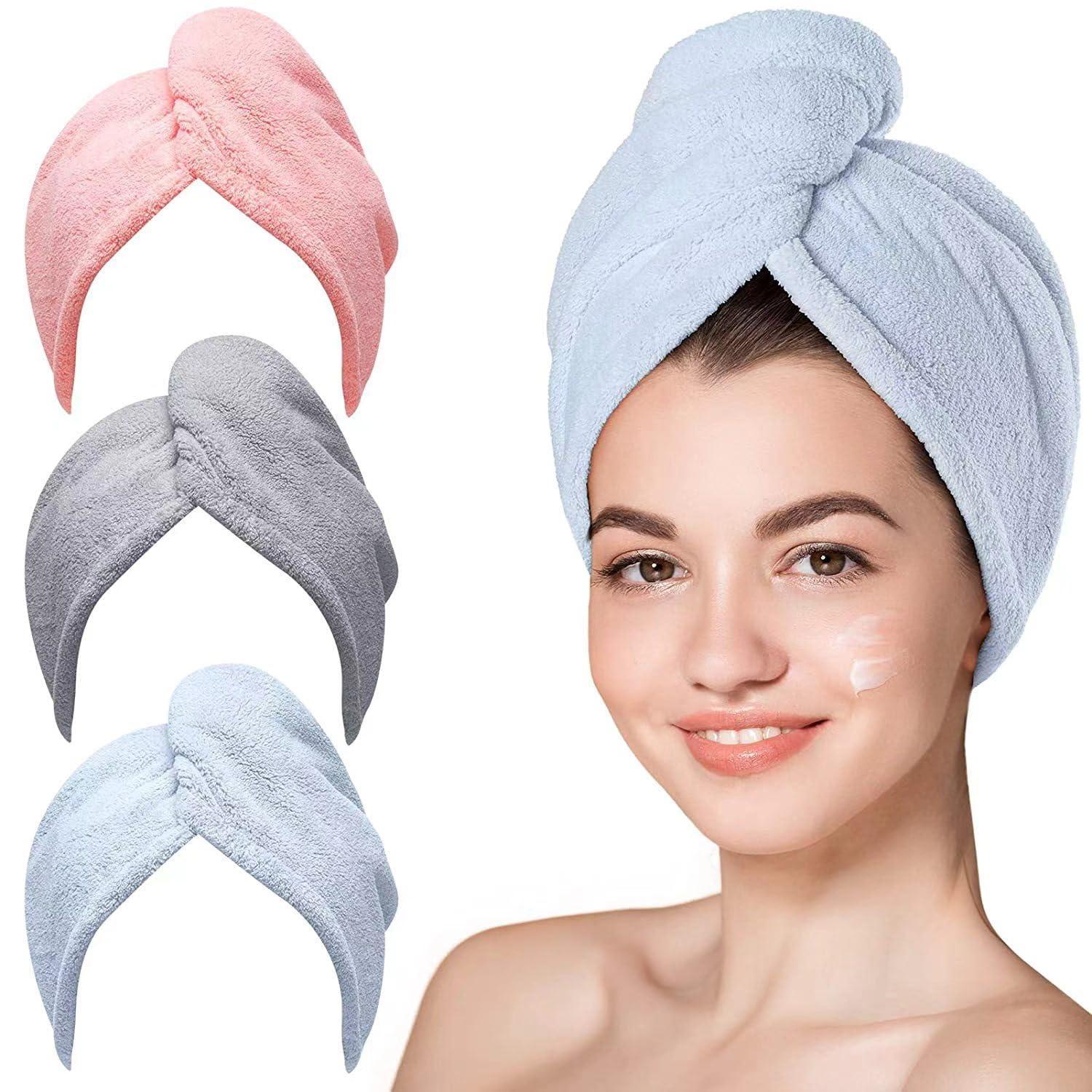 Generic Microfiber Hair Towel, 3 Pack Hair Turbans for Wet Hair, Drying Hair Wraps for Curly Hair Women Anti Frizz, Blue, Grey, Pink