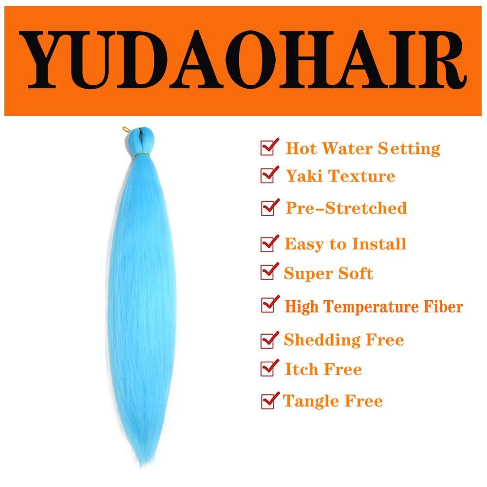 YUDAOHAIR Pre Stretched Braiding Hair 26 Inch Light Blue Braiding Hair Extensions Hot Water Setting Crochet Box Braids Hair (26 Inch (Pack of 1), Sky Blue)