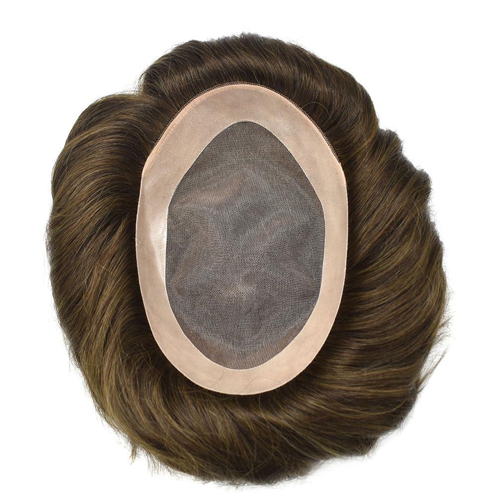 Hair Wonders Mens toupee hair replacement system for men hairpieces toupee for men real human hair pieces for men hair systems Protesis Capilar Para Hombre US Stock6x8-#410 4# MEDIUM BROWN+10% GREY