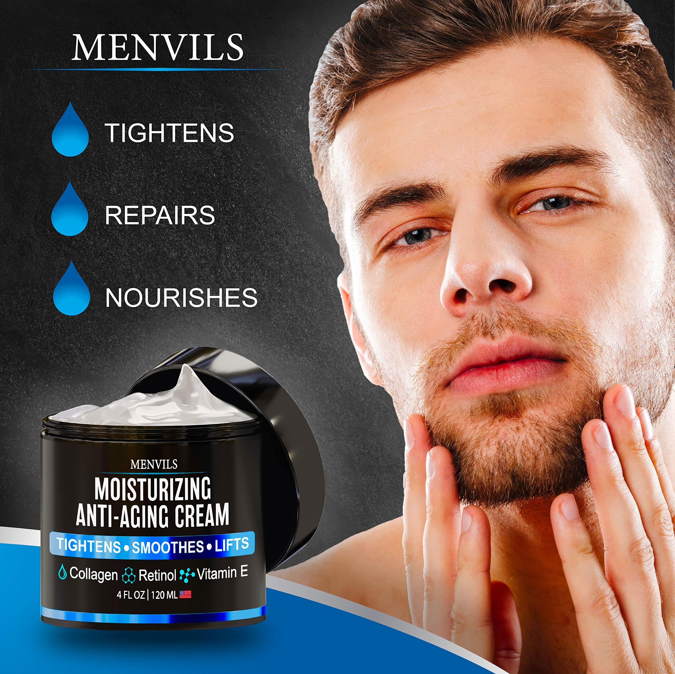 Menvils (2 Pack) Mens Face Moisturizer Cream - Anti Aging & Wrinkle for Men with Collagen, Retinol, Vitamins E, Jojoba Oil - Face Lotion - Age Facial Skin Care - Eye Wrinkle - 8 oz Total