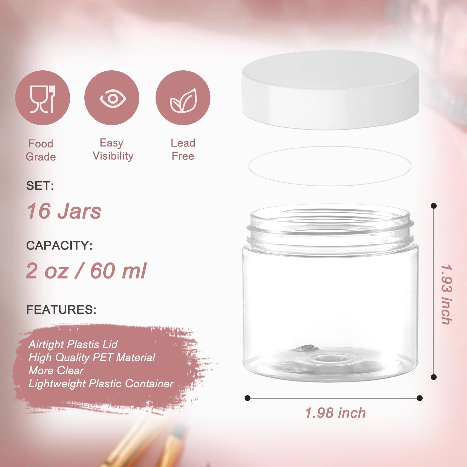 Elumeiro 16 Pcs 2 OZ Clear Plastic Jars with White Lids, Empty Leakproof Travel Size Cosmetic Container Round Cream Jar Refillable with Stickers for Scrubs, Lotion, Powder, ointment, Makeup, Food Storage