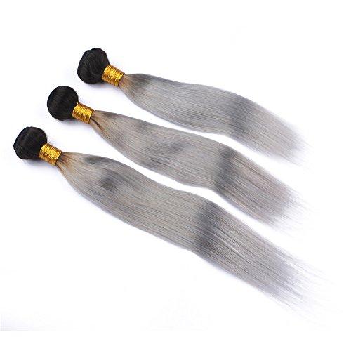 Generic Silver Grey Ombre Straight Human Hair Bundles Dark Roots Virgin Peruvian Human Hair #1B/Grey Ombre Weave Bundles 3Pcs Black to Grey Ombre Virgin Hair Weft Extensions 10-30" (14 16 16)