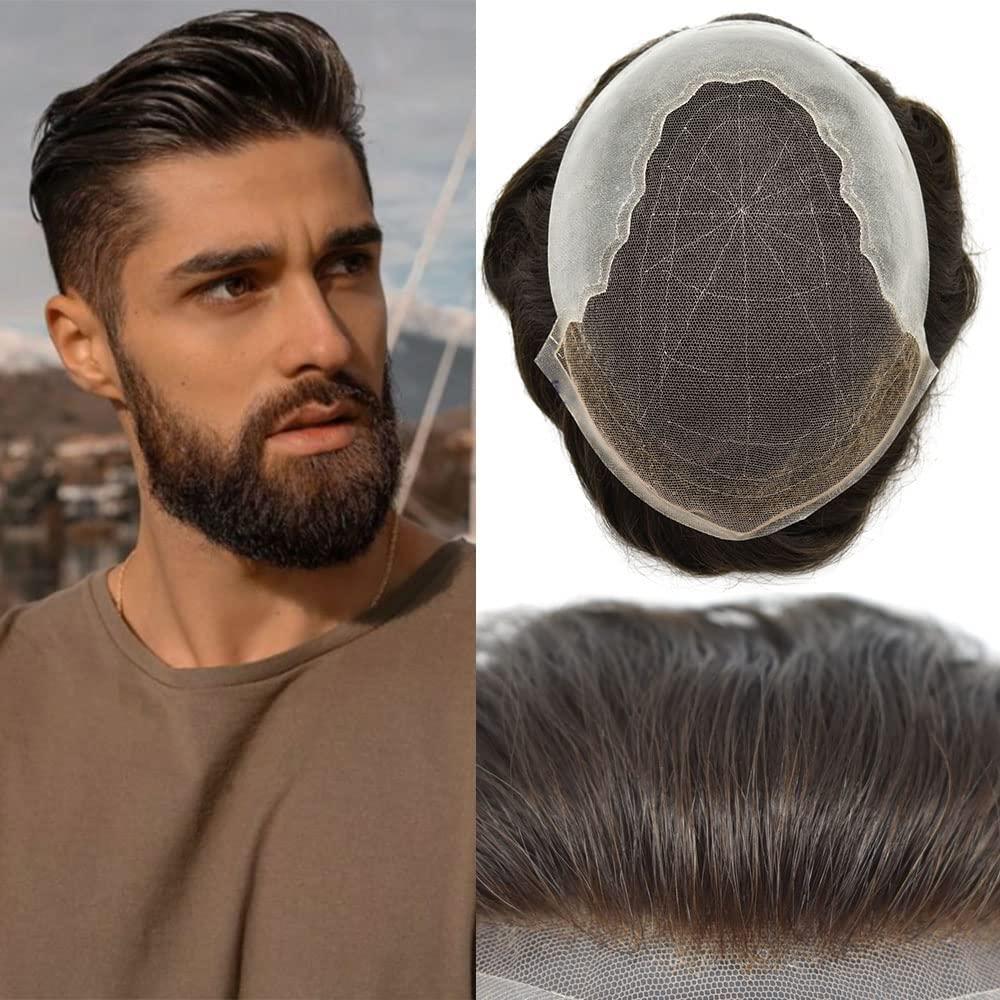 Dr hair Toupee For Men Q6 Lace Front Hair Pieces Unprocessed Virgin Human Hair System For Men Bleached Knots And Natural Hairline Mens Toupee Hair Unit, 7x9, 3.0 Ounce
